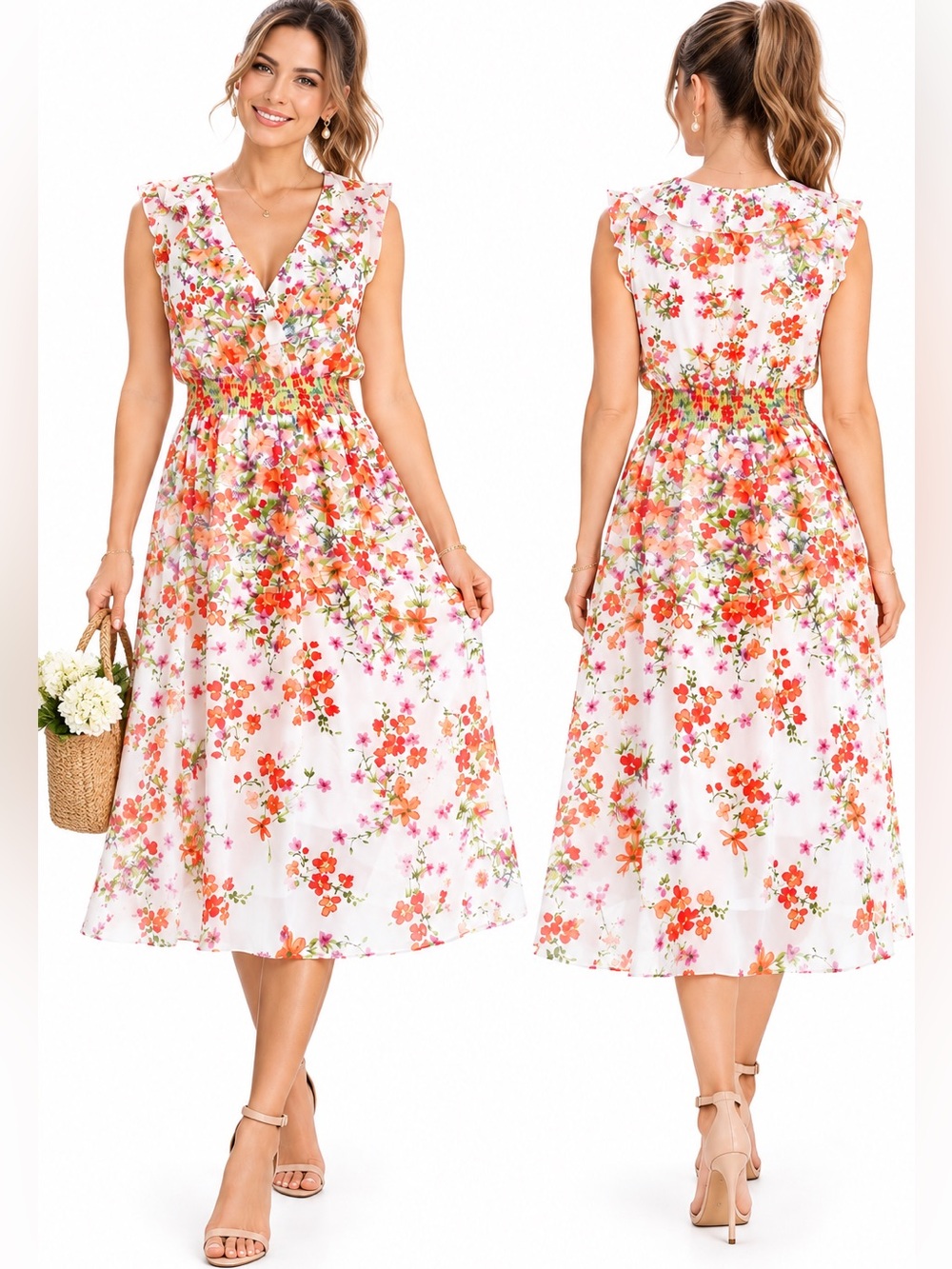 NWT Maggy London Woman Plus Size 1X Floral Midi Dress Ruffle Neck Smocked Waist